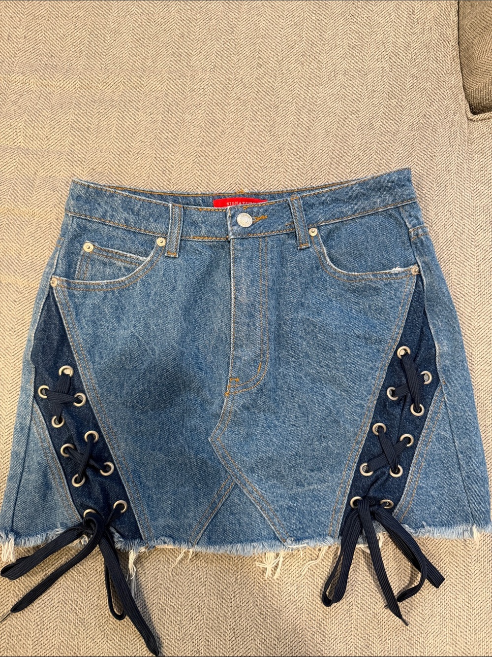 Signature8 Two-Tone Denim Mini Skirt with Navy Lace-Up Sides